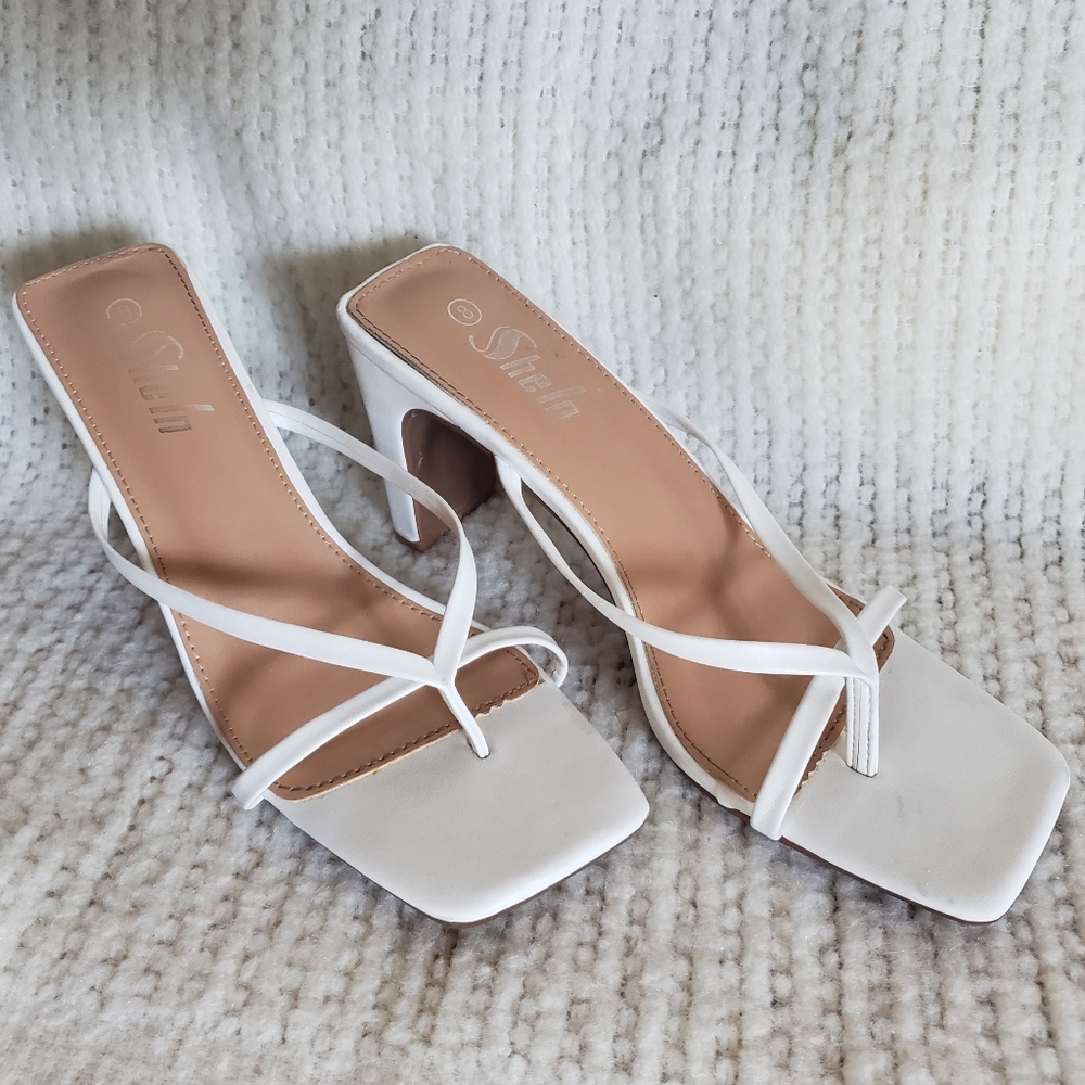 White Strappy High Heel Thong Sandals